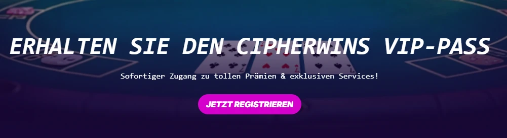 Cipherwins VIP-Pass mit einem Pokertisch im Hintergrund.