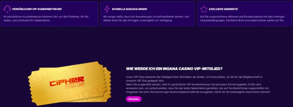 VIP-Programm-Seite von Cipherwins Casino mit den Vorteilen