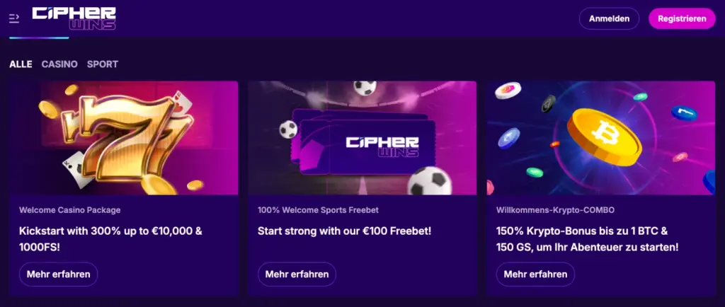 CipherWins-Willkommenspakete für Casino, Sportwetten und Krypto-Bonus.