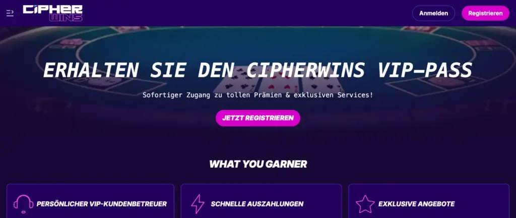 CipherWins VIP-Pass-Angebot mit Pokerkarte im Hintergrund.