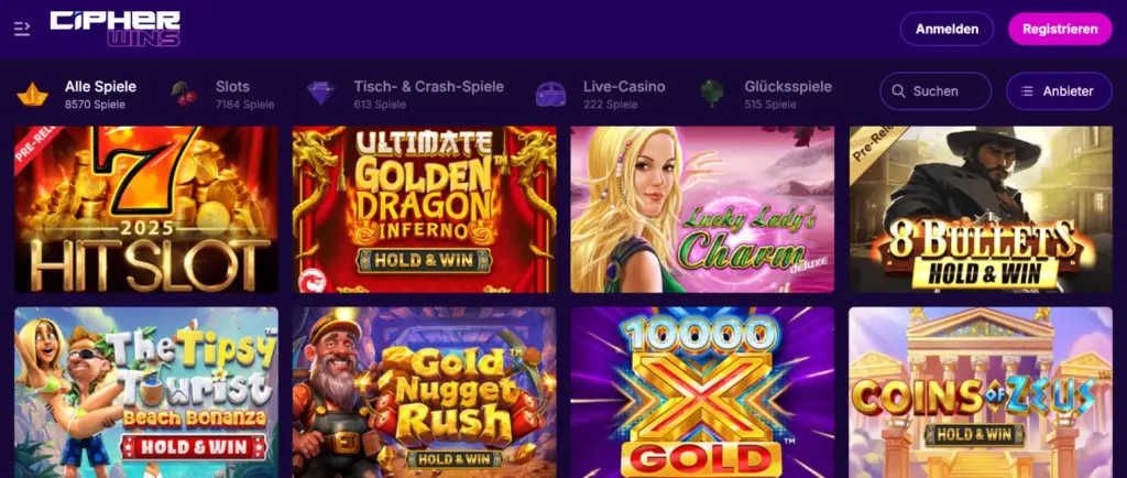 CipherWins-Spieleübersicht mit Slots, Tischspielen, Live-Casino und Glücksspielen."