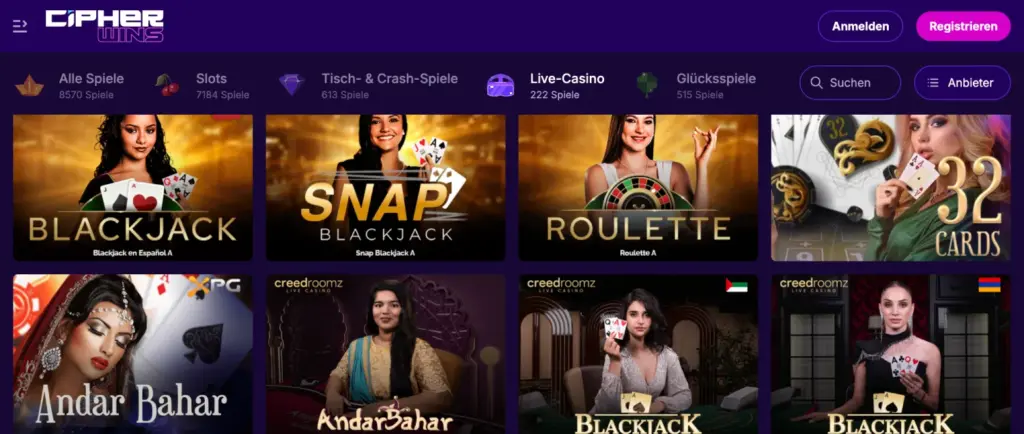 CipherWins Live-Casino-Spiele mit Blackjack, Andar Bahar und Roulette.