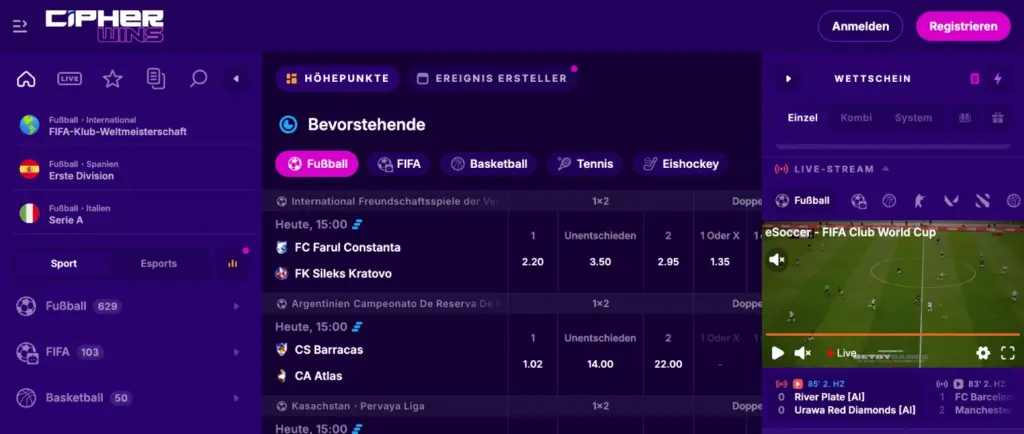CipherWins-Wettbereich mit Fußball-, FIFA- und Basketball-Optionen und Live-Stream.
