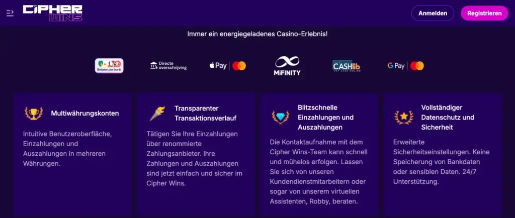 CipherWins Vorteile mit Symbolen für Multiwährungs-Konten, transparente Transaktionen, schnelle Einzahlungen und Datenschutz.