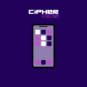 Ein stilisiertes Smartphone-Symbol mit einem Raster aus App-Verknüpfungen auf dem Bildschirm unter dem Cipherwins-Logo.