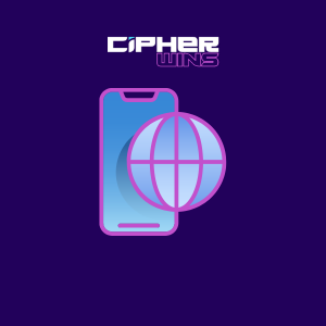 Ein Symbol für ein Smartphone und einen Globus unter dem Cipherwins-Logo.