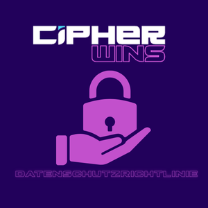Ein Symbol einer Hand, die ein Vorhängeschloss hält, mit dem Wort „DATENSCHUTZRICHTLINIE“ unter dem Cipherwins-Logo.