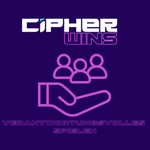 Eine Hand hält drei menschliche Silhouetten mit dem Text „VERANTWORTUNGSVOLLES SPIELEN” unter dem Cipherwins-Logo.