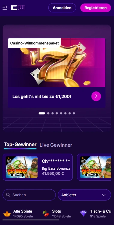 Die Startseite von Cipherwins Casino auf einem iPhone 14 Pro Max.